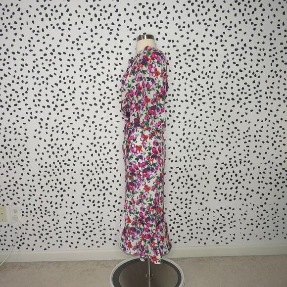 Saloni White Olivia Floral Print Ruffle Hem Silk Midi Dress - Picture 6 of 13